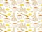 Ginger tea seamless pattern. Hand drawn ginger root, cup of tea, lemon slice, honey. Organic healthy food ingredient for