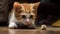 A ginger and white kitten pawing at a toy mouse created with Generative AI