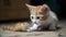 A ginger and white kitten pawing at a toy mouse created with Generative AI