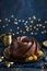 Gingerbread bundt  cake on dark festive  background