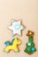 Gingerbread cake pony christmas tree star with icing decoration on brown