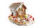 Gingerbread candy sugar house. Fairy tail candyhouse covered with snow and colorful candies Homemade gingerbread house