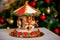 Gingerbread carousel in front of defocused lights of Chrismtas decorated fir tree. Holiday sweets. New Year and Christmas theme. F