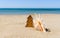 A gingerbread Christmas tree toy next to a large seashell on a sandy beach.