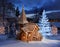 Gingerbread church with lit Christmas tree