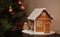 Gingerbread cinnamon house and decorated Christmas tree, in a dark juicy tone. Life style
