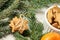 Gingerbread Cookie. NewYear. Delicious tangerine. Fir branch. Small stars