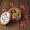 Gingerbread cookies casket with decor on 23 february holiday - Red stars cookie, little soldier with a gun, the