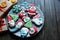 Gingerbread cookies for christmas, new year on the wooden table. Festive, sweet pastry, delicious biscuits.