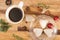 Gingerbread cookies with cup of cofee and Christmas decoration.