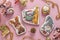 Gingerbread cookies: deer, mouse and gnome on a pink background, gifts christmas or Noel holiday, horizontal orientation