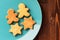 Gingerbread cookies man and star shape in turquoise plate on woo