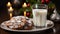 Gingerbread Cookies and Milk on a Small Plate Waiting for Santa near the Decorations on Christmas Eve. Generative AI