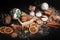 Gingerbread cookies with powdered sugar on black background.