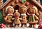 Gingerbread family. Gingerbread house scene. Christmas and New Year background. Digital AI.