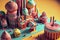 Gingerbread fantasy town, fairytale candyland, ai illustration