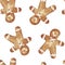 Gingerbread. Hand drawn watercolor seamless pattern traditional cookies with icing sugar, gingerbread man. Elements for holiday, c