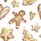 Gingerbread. Hand drawn watercolor seamless pattern traditional cookies with icing sugar, gingerbread man, star, heart, snowflake