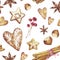 Gingerbread. Hand drawn watercolor seamless pattern traditional cookies with icing sugar, gingerbread star,  heart, berries, cinna