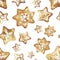 Gingerbread. Hand drawn watercolor seamless pattern traditional cookies with icing sugar, gingerbread star and snowflake. Elements