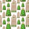 Gingerbread house and Christmas fir tree seamless pattern