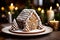 Gingerbread house with Christmas trees on round plate on wooden table with Christmas candles