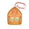 Gingerbread house decorated with candy. Christmas cooky with a ribbon for hanging on the Christmas tree. Vector illustration