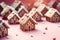 Gingerbread house food photography in pink and white colors, candycore aesthetics. Traditional Christmas backing in