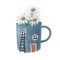 Gingerbread house, funny clipart, flowers in a cup illustration