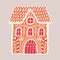 Gingerbread house isolated on light background. Decorative confection shaped like building. Beautiful delicious dessert