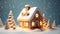 Gingerbread house and pine trees at night while snowing, Christmas concept 3D illustration. Generative AI