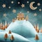 Gingerbread house trees moon and stars watercolor illustration Fantasy sweetsworld snow landscape Moonlight magic candy world