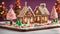 A gingerbread house in a whimsical candy land with gumdrop trees, candy cane lampposts,