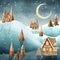 Gingerbread houses and trees snow landscape Winter candy world watercolor illustration Sweets world fantasy decorations