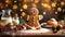 A gingerbread man bakes a cake with ingredients,