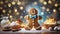 A gingerbread man bakes a cake with ingredients,
