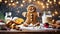 A gingerbread man bakes a cake with ingredients,