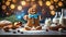 A gingerbread man bakes a cake with ingredients,