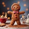 Gingerbread man with cocoa powder and christmas decoration on table. Generative AI