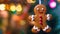 Gingerbread Man Cookie in Christmas Tree with Bokeh Lights. Festive Decoration and Closeup Magic for New Year