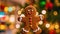 Gingerbread Man Cookie in Christmas Tree with Bokeh Lights. Festive Decoration and Closeup Magic for New Year