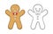 Gingerbread man cookie outline and colored doodle cartoon illustration set. Winter Christmas food theme coloring book page