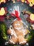 Gingerbread Man Cookie wrapped in Cellophane Bag and tied with Festive Ribbon on vintage background with holiday bokeh lighting