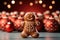 Gingerbread man cookies and homemade cakes against a bokeh background of Christmas lights and red Christmas decorations