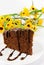 Gingerbread on plate, yellow flowers in background