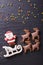 Gingerbread Santa on sleigh pulled by reindeers closeup. vertical top view