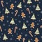 Gingerbread seamless pattern. Festive Christmas background with gingerbread man, candy canes, Christmas trees and snowflakes
