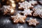 Gingerbread snowflakes and stars homemade cookies on the table. Christmas pastries. AI generated