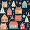 Gingerbread Village in Christmas, New year and other holidays with seamless pattern