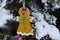 Gingerbread Woman Decoration on a Snowy Outdoor Christmas Tree